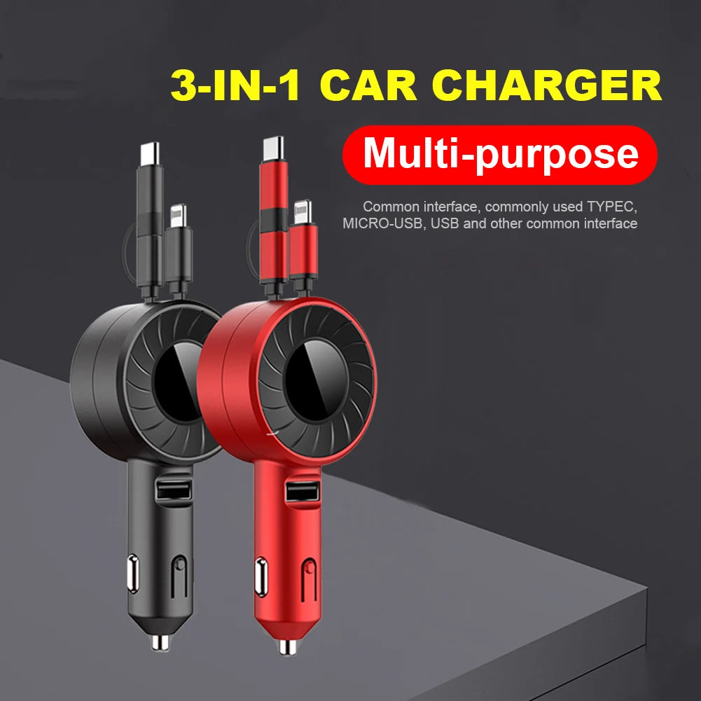 3 in 1 Car Charger USB Cable Retractable Fast Charger Adapter